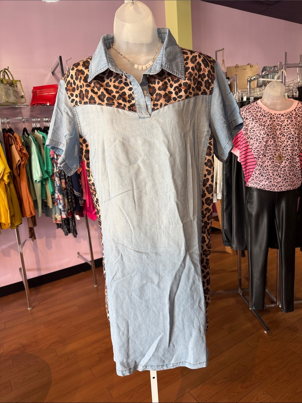 Denim & Leopard Print Short Sleeve Shirt Dress - Light Blue